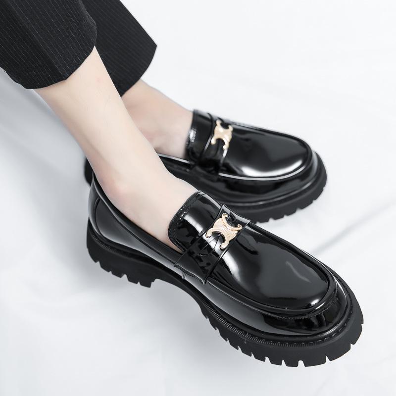 Leather shoes men's round head heightening shoes horse buckle men's loafers trendy casual shoes men's one-pedal small leather shoes