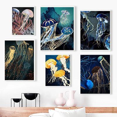 Abstrakte metallische Quallen-Leinwandmalerei, Meerestiere, modulare Poster und Drucke, Wandkunst, Bilder, Wohnzimmer, Heimdekoration
