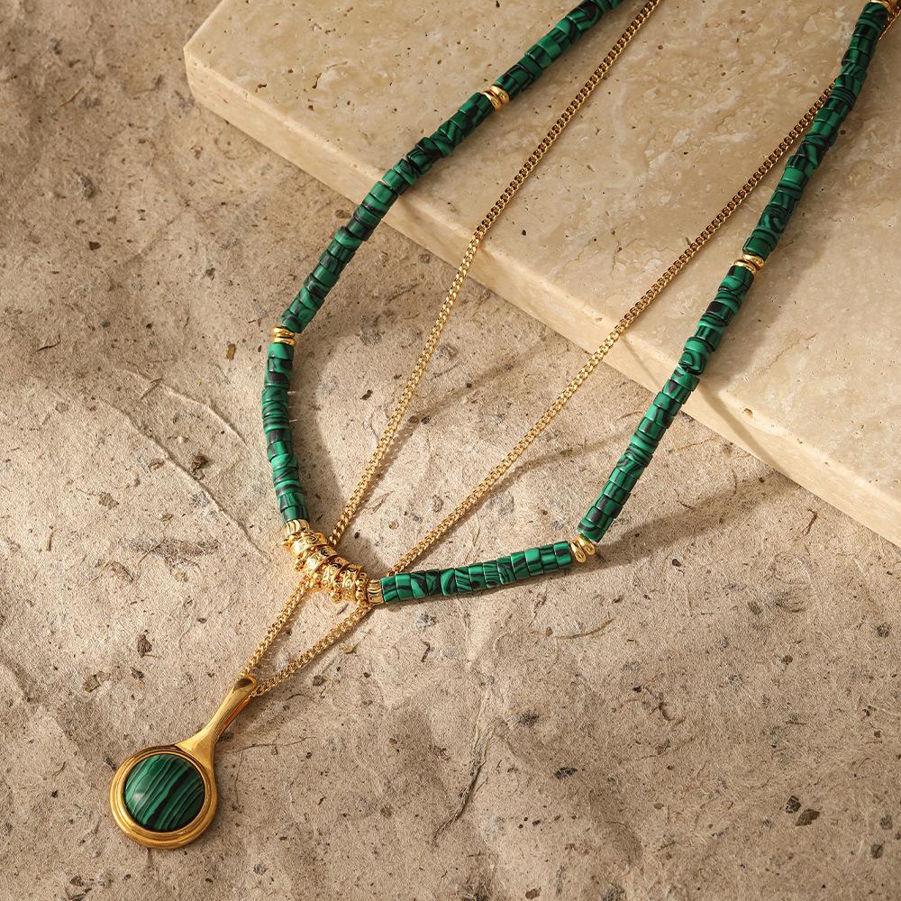European and American malachite beaded necklace brass gold-plated non-fading niche ethnic style neck chain light luxury stacked collarbone chain