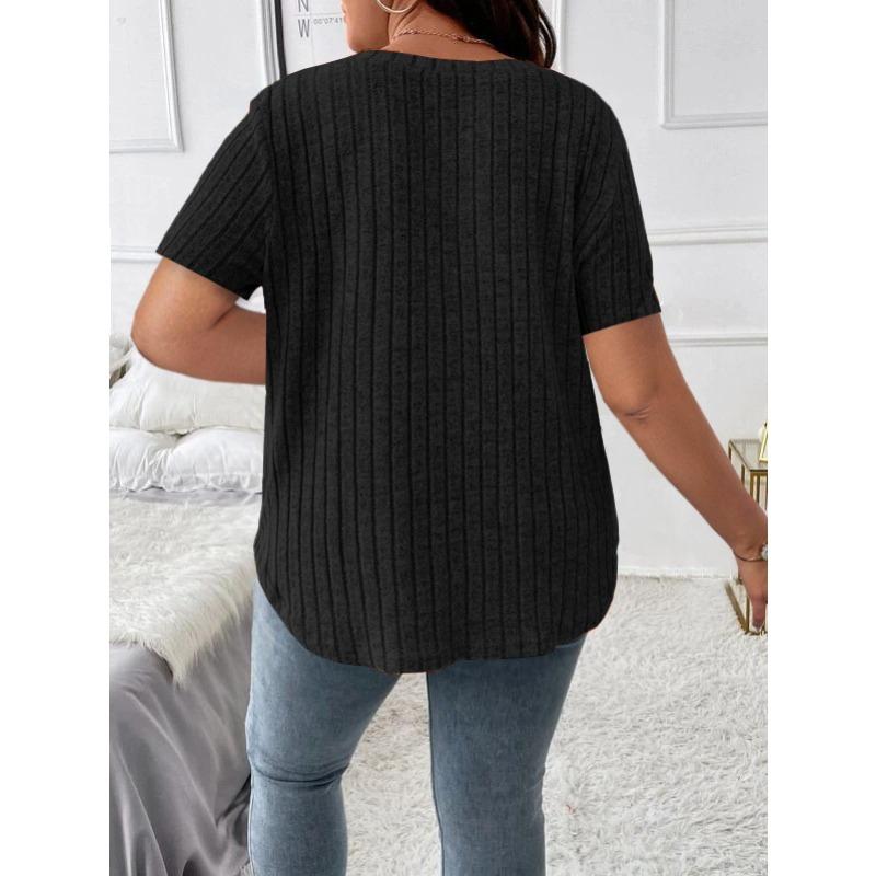 Frühling und Sommer Reine Farbe Elegant Top V-Ausschnitt Rippstrick Pullover Kurzärmelig Übergröße Damen T-Shirts