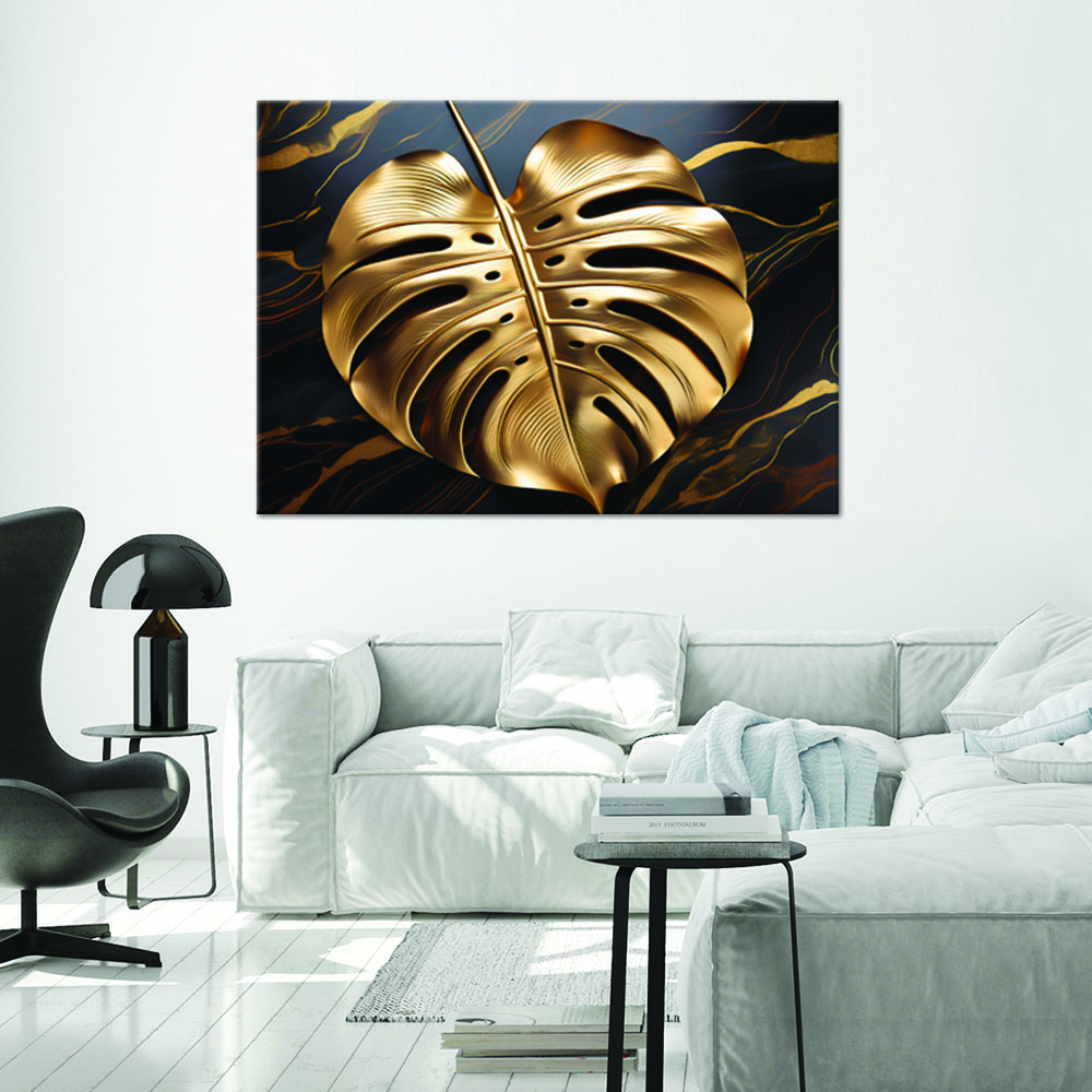 Canvas Print, Monstera Leaf Gold Shiny Abstract