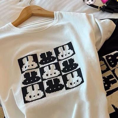 Pure Cotton Foreign Style Fashionable Simple Atmosphere Embroidery Mosaic Rabbit Round Neck Short Sleeve T-shirt Women's Loose Pullover