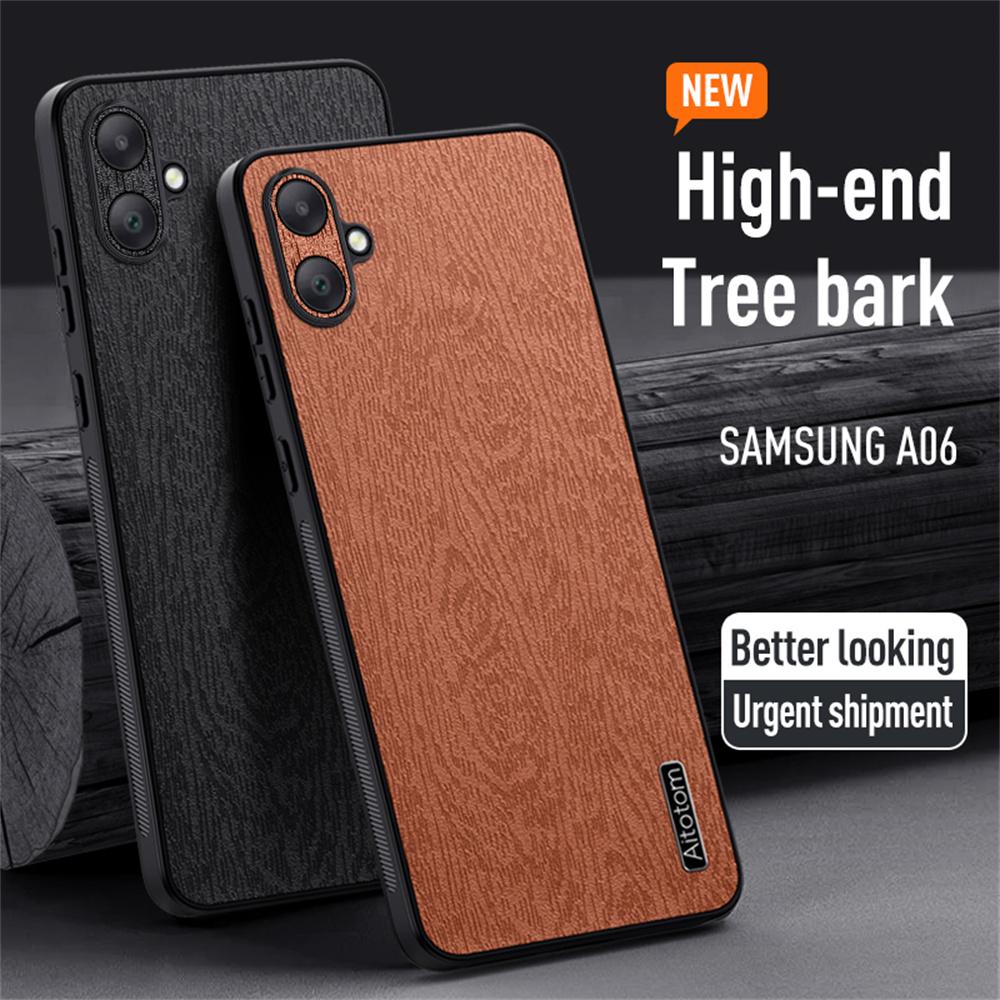 

For Samsung Galaxy A06 4G Case Wood Texture PU Leather Coated PC+TPU Phone Cover Brown