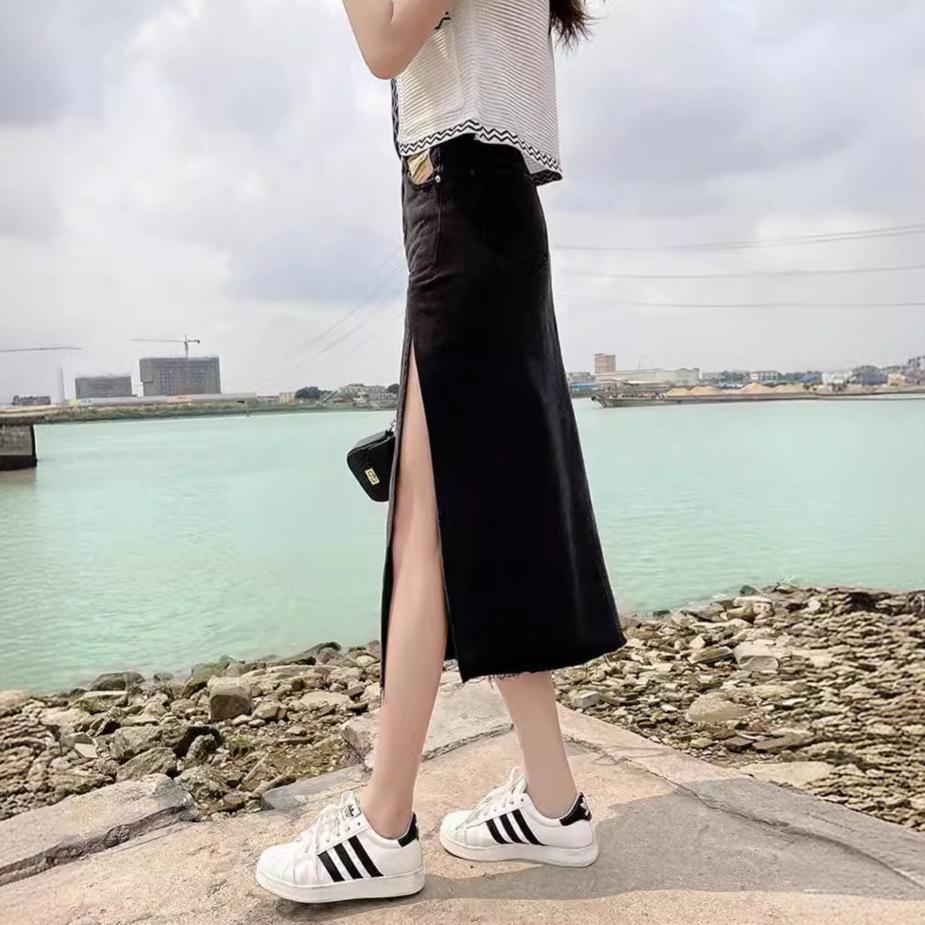 Women's High Waist Side Slit Denim Midi Skirt - Summer 2024 Slimming A-Line Bodycon Street Style