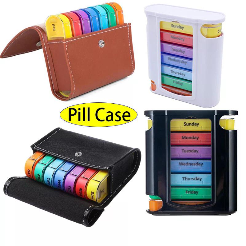 Weekly Pill Organizer Box Case Travel Medication Reminder Daily AM PM, Day Night 7 Compartments In Leather Carrying Case