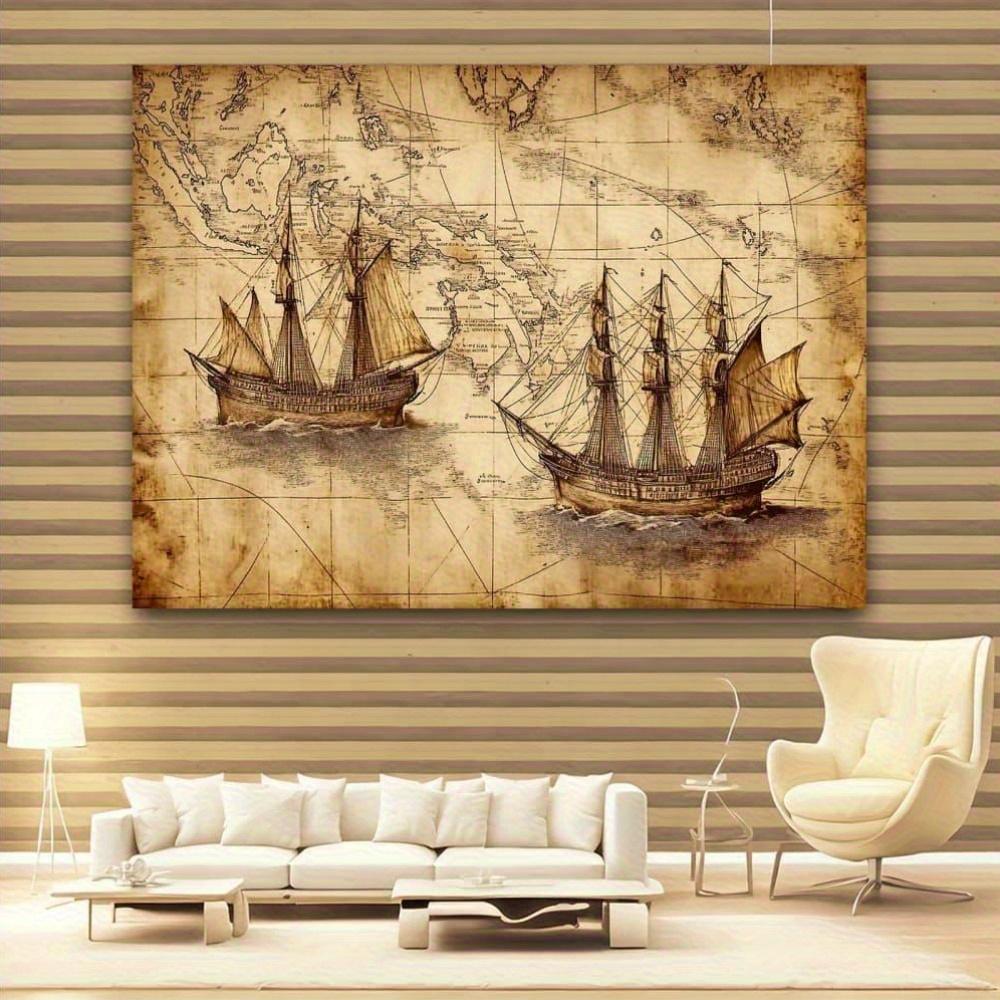 2Dflat1 antique world map canvas featuring designs of ships at sea - suitable for use as a banner in the living room office
