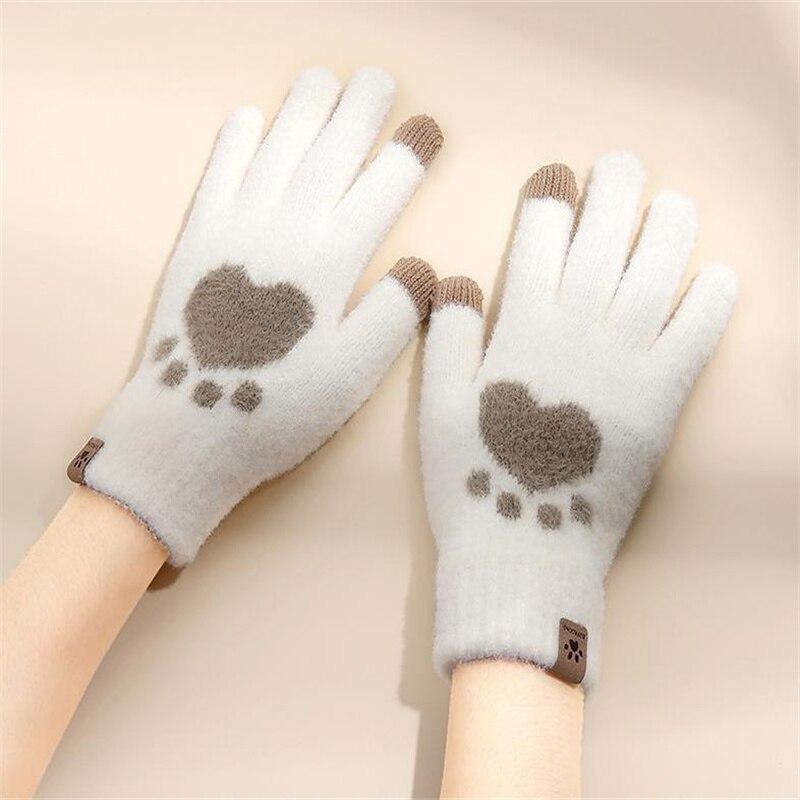 

Cute Cat Paw Printing Gloves Touch screen Gloves Winter Warm Knitted Fluffy Gloves One Size білий