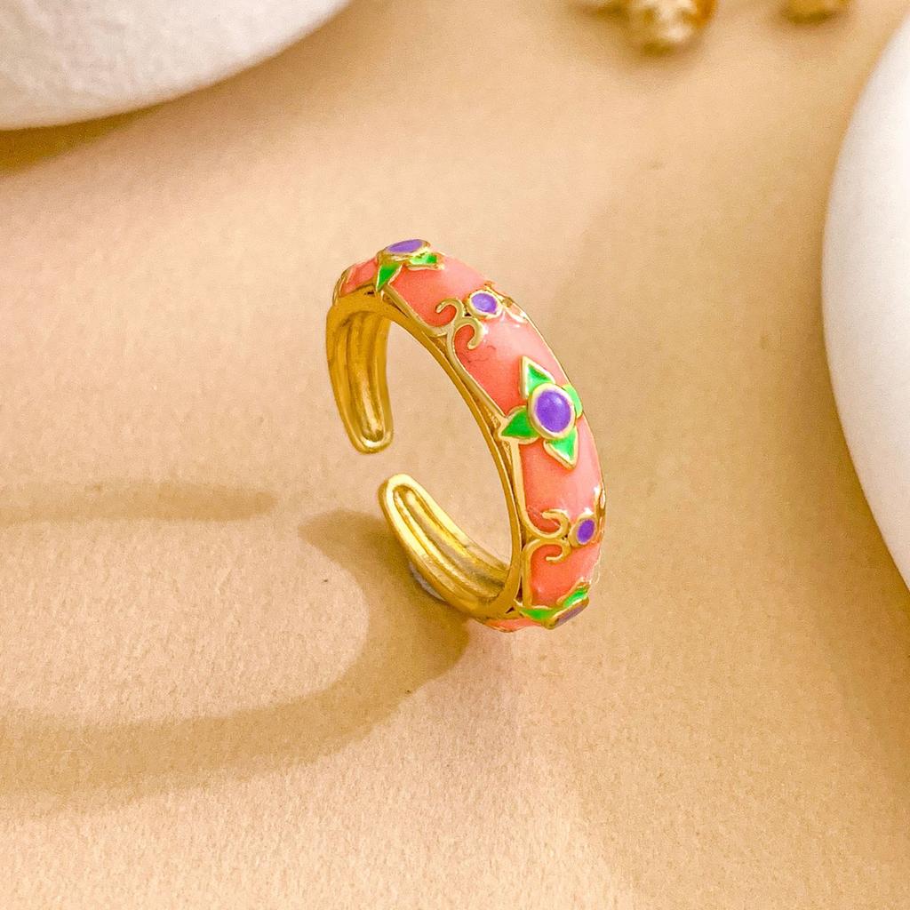 Ring Oil Painting Style Flower Small Fresh Chinese Style Court Style Enamel Color Multi-color Hand-painted Niche Design Ring