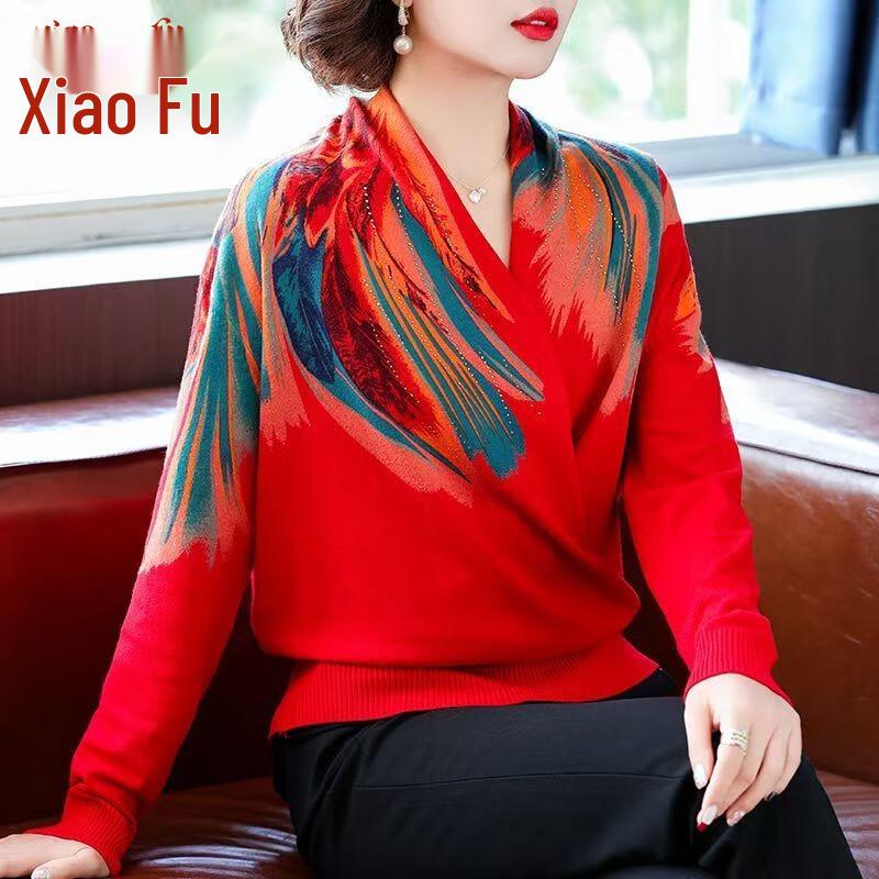 Women s 2025 Winter Festive Printed Crossover V-Neck Knit Top XL