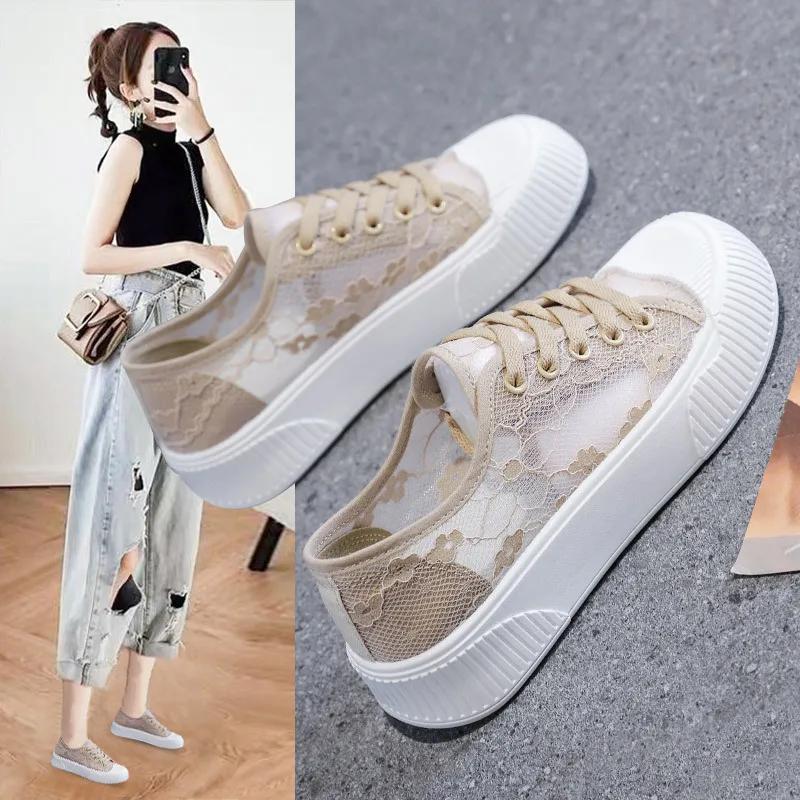 

Women Lace Casual Shoes Woman Breathable Mesh Sneakers Flats Platform Floral Loafers Comfort Shallow Walking Shoes 2024