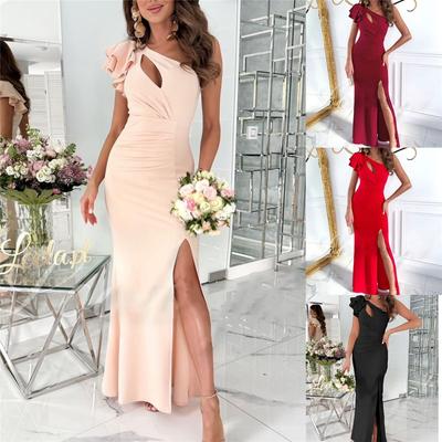 Summer New Sexy Slim Solid Color Slant Shoulder Neck Split Dresses Long Dress