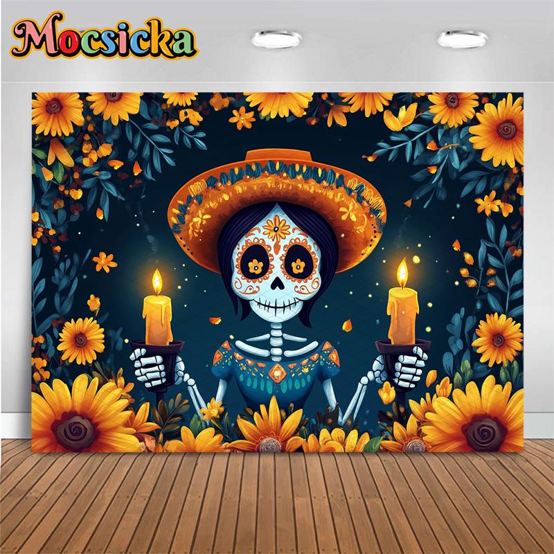 Mocsicka Day Of The Dead Background Photography Art Flower Skull Candle Death Festival Decoration Halloween Party Photo Backdrop