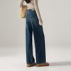 Cotton and plush thick wide leg jeans for women in winter 2025, fashionable, loose and versatile, slimming and floor length pants