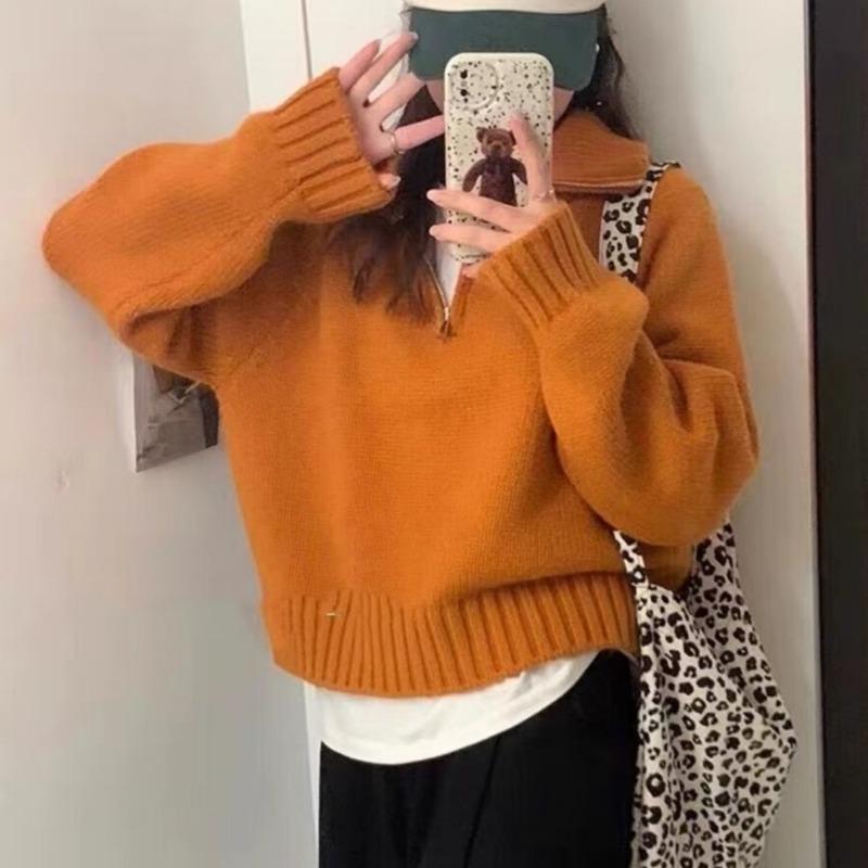 Autumn Winter Long Sleeved Half Zipper Pullover Sweater Turtleneck Fashion Elegant Office Sweet Lapel Loose Tops Casual Knitted Korean Simple Clothing