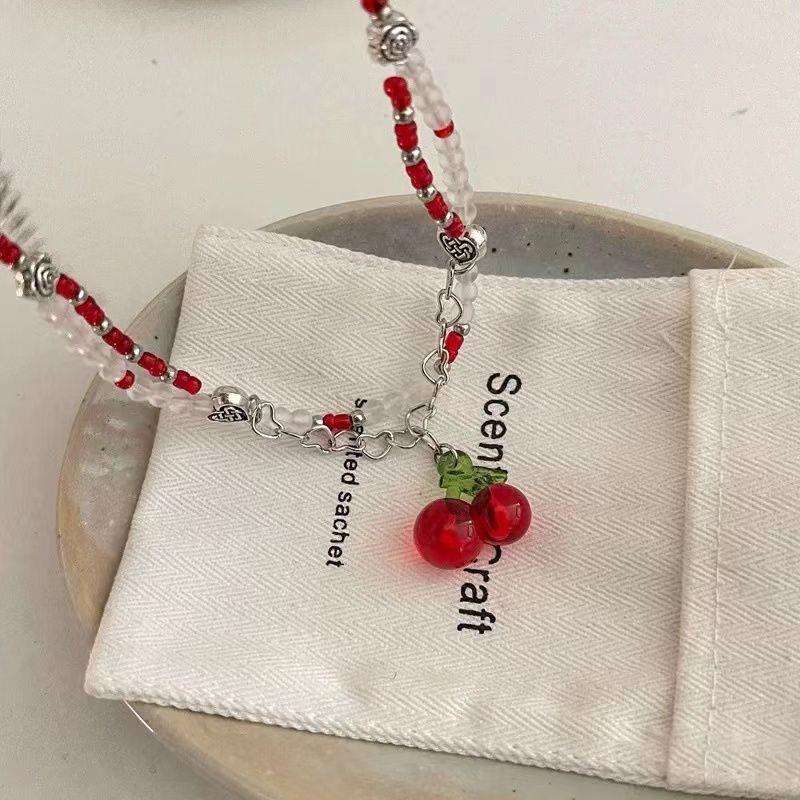 Y2K Red Cherry Heart Beaded Choker Women Boho Layered Bead Cherry Pendant Necklace Vintage  Jewelry