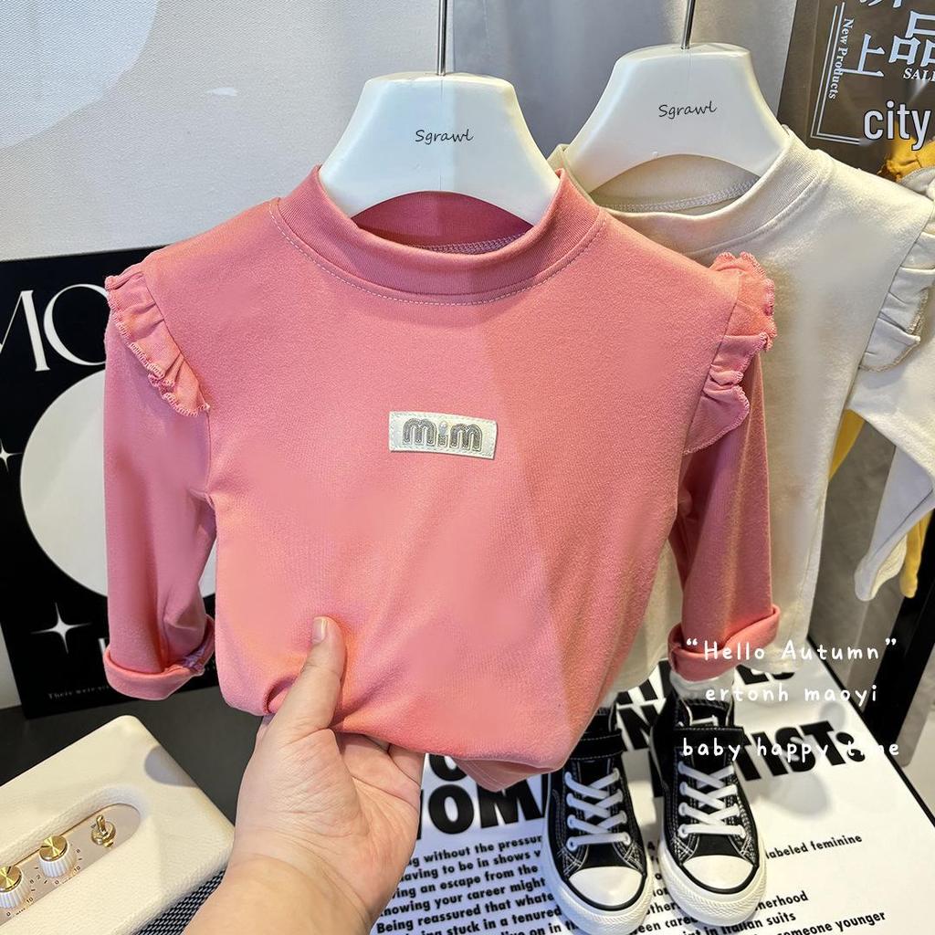 Girls' Autumn/Winter Velvet Fly Sleeve Top - Korean Style Semi-High Neck for Middle & Big Girls