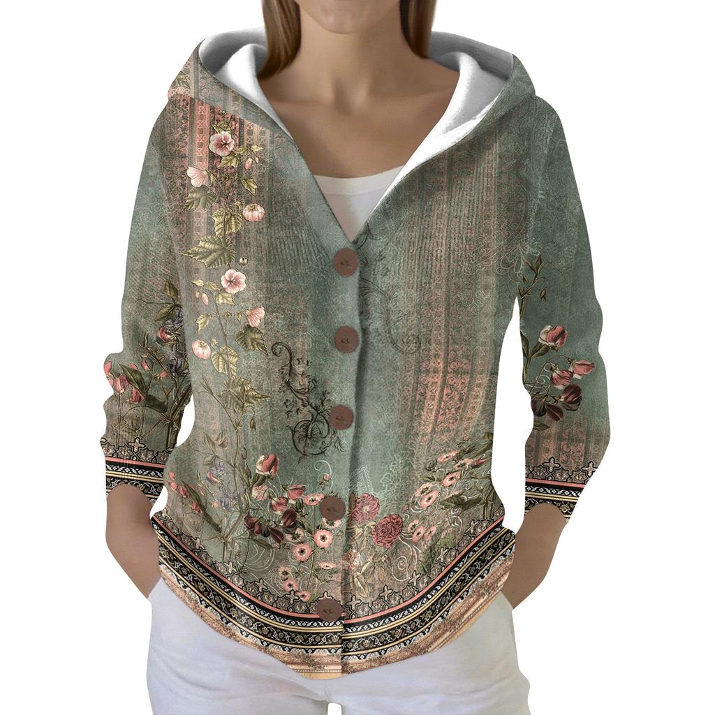 Women's Fashion Casual Sweater Button-Up Print Cardigan  Hooded Jacket