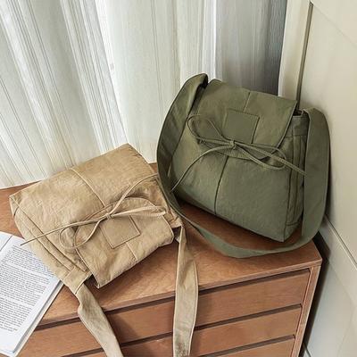 Japanese Solid Color Bow Women Nyl Shoulder Bags Simple Lightweight Ladies Crossbody Bag Large Capacity College Handbag Tote