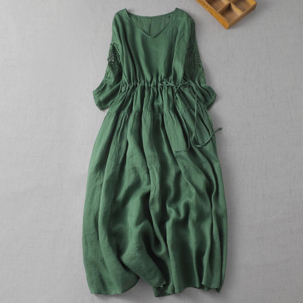 2023 Summer Ethnic Retro French Embroidered V-Neck Cotton Linen Long Dress