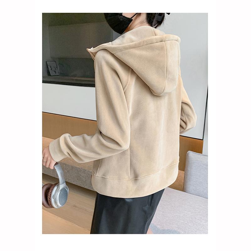 Dámská sportovní bunda na zip s kapucí Podzim Zima Fleecová podšívka Zesílené Mikiny Dámská Jednobarevná Ležérní Volná Mikina Kardigan