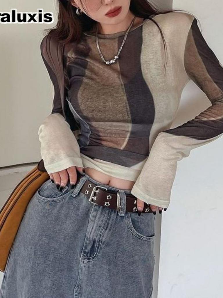 Frühherbst Kurzarm Sonnenschutz Basis-T-Shirt Bunt Batik Temperamentvoll Elegant Rundhals Schlankes Netz Damen Top