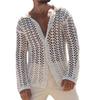 Men's Knitted Mesh Shirt Lapel Long-Sleeved Casual Top Solid Color Button Down