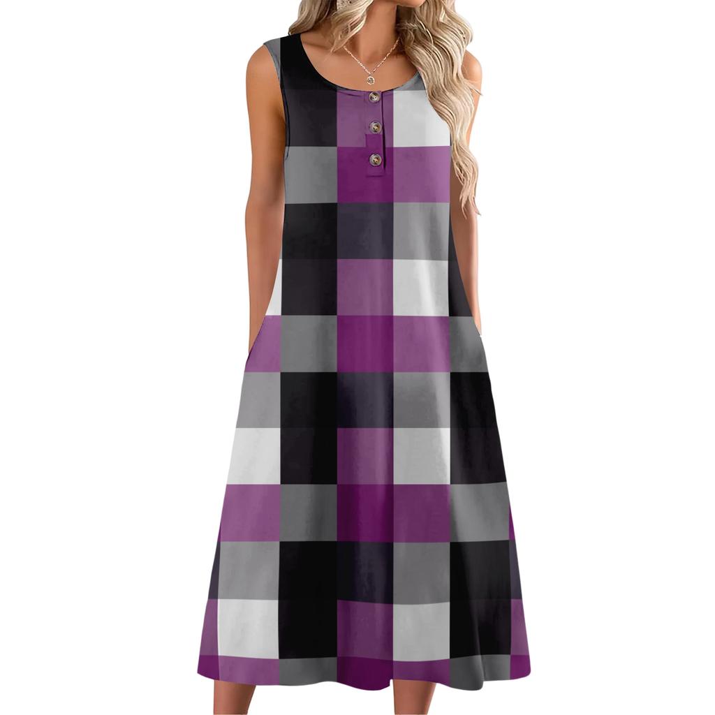 Women's fashion casual sleeveless button plaid print dress with pocket