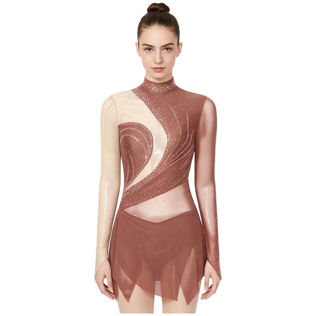 Damen Funkelndes Strass-Trikotkleid Durchsichtiges Netz Langarm Rollkragen Farbblockierung Asymmetrischer Saum für Eiskunstlauf Lateinische Performance