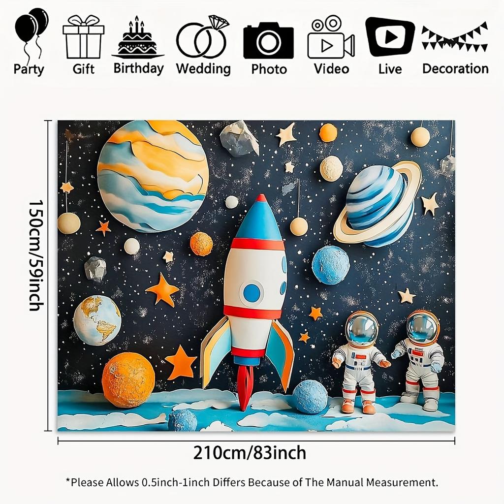 1pc 2D Flat Background Banner with Cartoon Astronaut Rocket and Planet Pattern Background Decoration