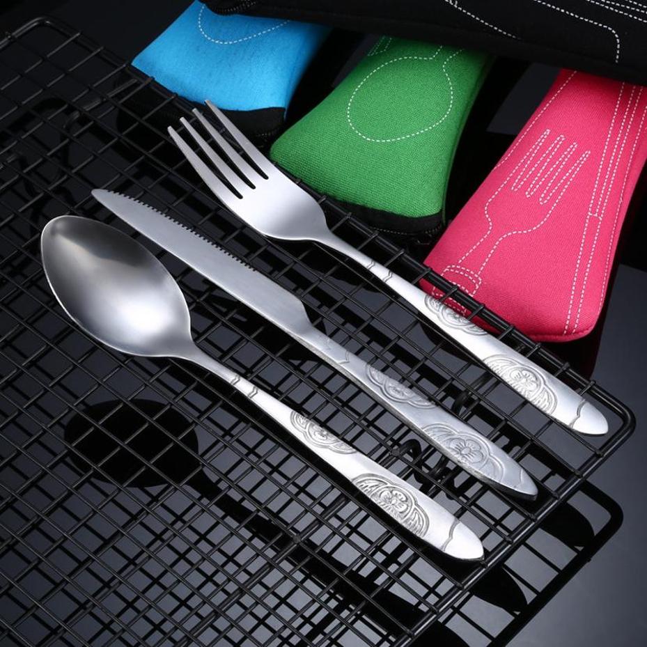 New 3 Pcs/set Dinnerware Portable Printed Stainless Steel Spoon Fork Steak Knife Set Travel Cutlery Tableware With Bag