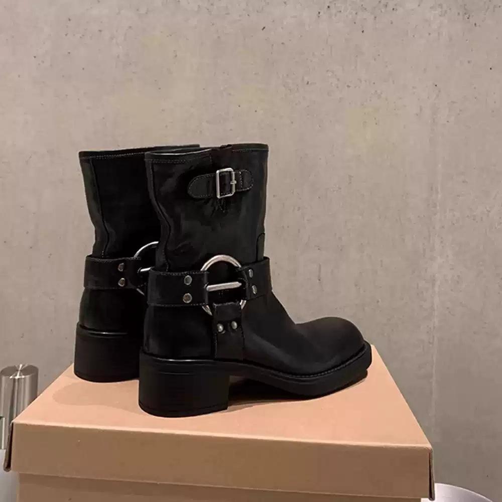 Cowhide version~ genuine leather retro metal buckle thick heel western short boots women's autumn and winter new punk locomotive knight boots