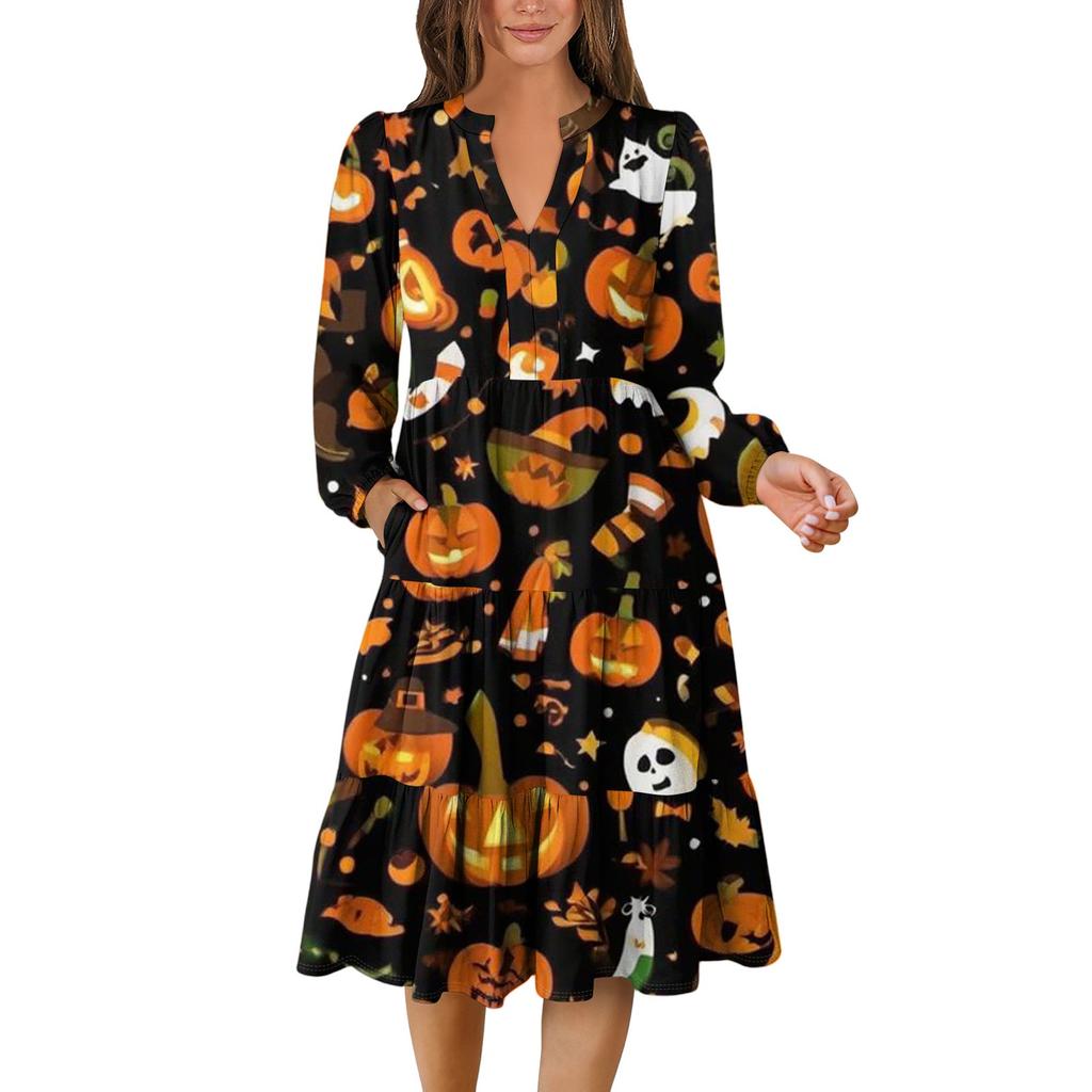 Women's V-Neck Flowing Layered Bohemian Long Sleeve Halloween Print Dress