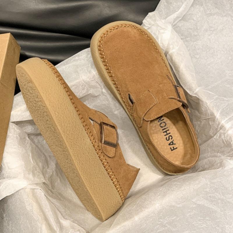 Soft leather large size shoes women's platform lazy shoes autumn new big head retro Mori Doudou shoes