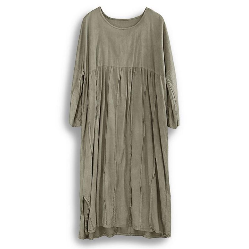 Johnature Femeie Toamna Epocă Spălat Retro Largi Rochie A-Line Culoare Solidă Mâneci Lungi Rochie O-Gât