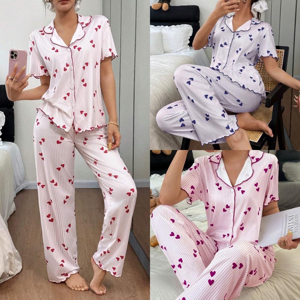 Women Heart Print Pajama Sets Cardigan+Long Pants Two Pieces Suits Summer Lady Casual Home Clothes Female Milk Silk Sleepwear