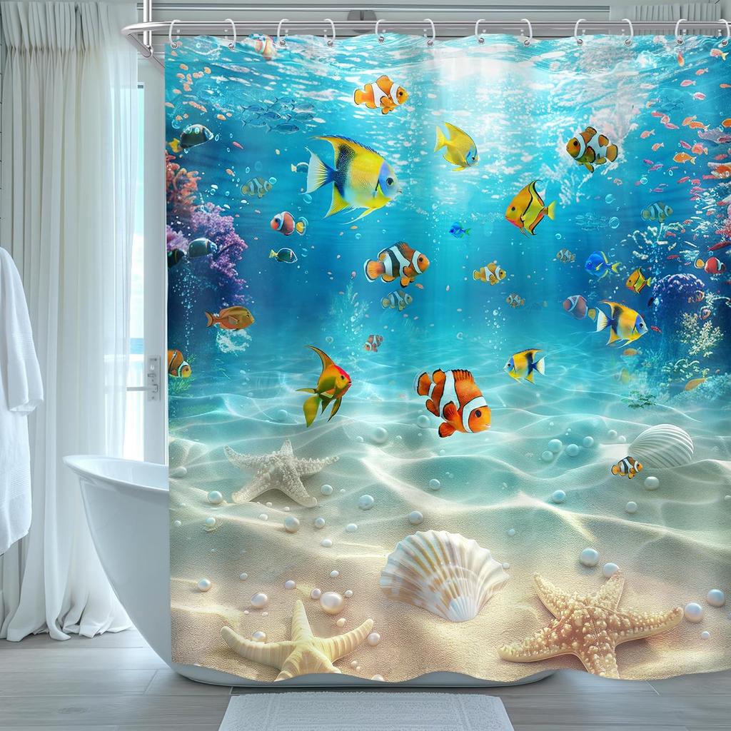 Blue Ocean Shower Curtain With Underwater Scene, Starfish Shells Fish Corals And Pearls Coastal Theme Bathroom Set