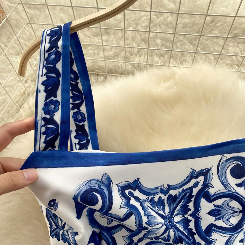 Women's Celadon Printed Set Summer Waistless Camisole Vest High Waist Mid-Length Halter Skirt Suit