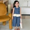 Toddler Girls 2-Piece Denim Outfit Bow Decor Sleeveless Top & Wide Leg Pants Summer Casual Kids Clothing Set 