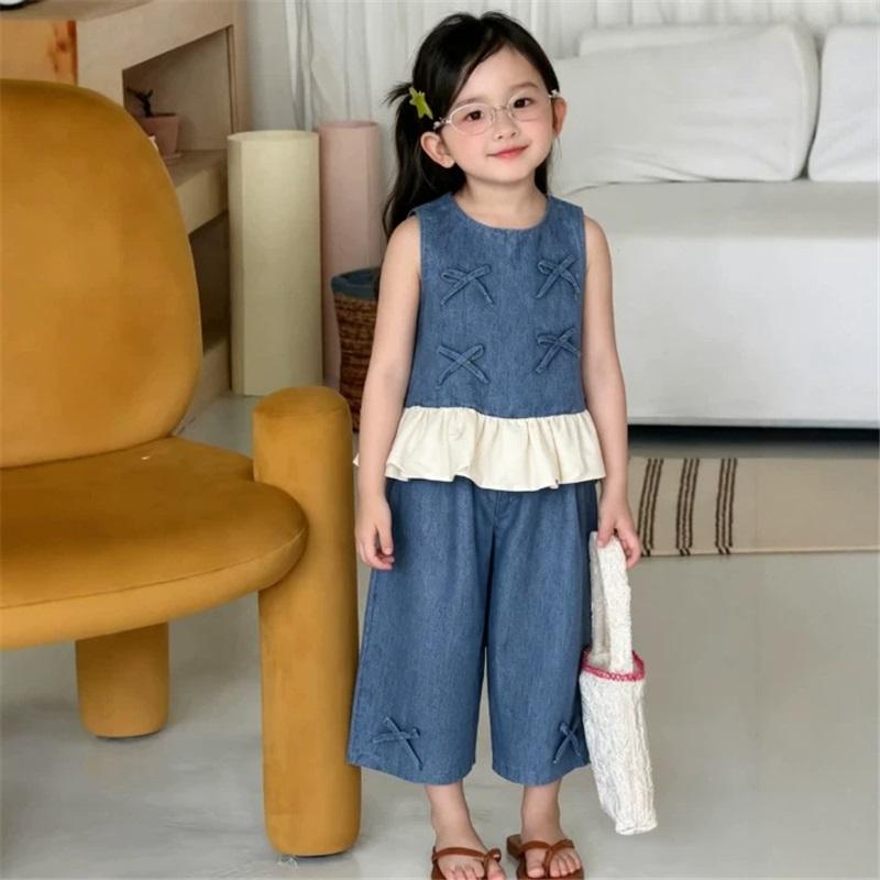 Toddler Girls 2-Piece Denim Outfit Bow Decor Sleeveless Top & Wide Leg Pants Summer Casual Kids Clothing Set  100cm синий