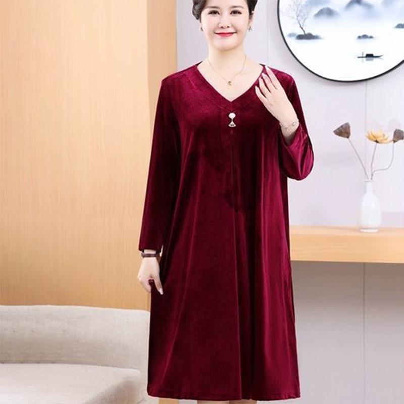 Damen Übergröße Samtkleid Frühling Herbst V-Ausschnitt Locker Langes A-Linien-Kleid