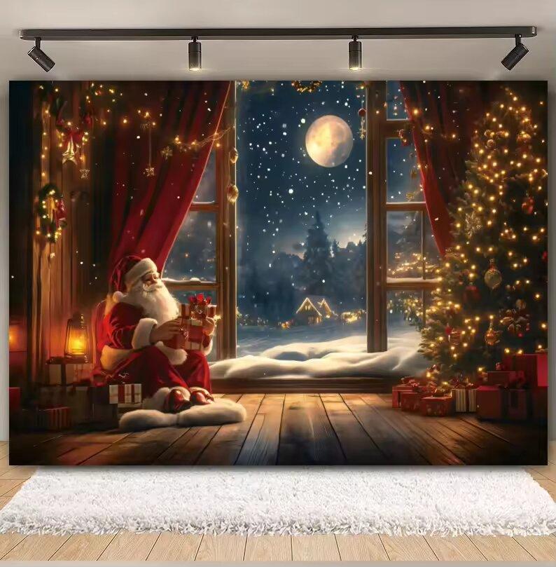 Christmas Window Santa Claus Backdrops Winter Christmas Tree Curtains Moon Night Lights Xmas Eve New Year Photography Background