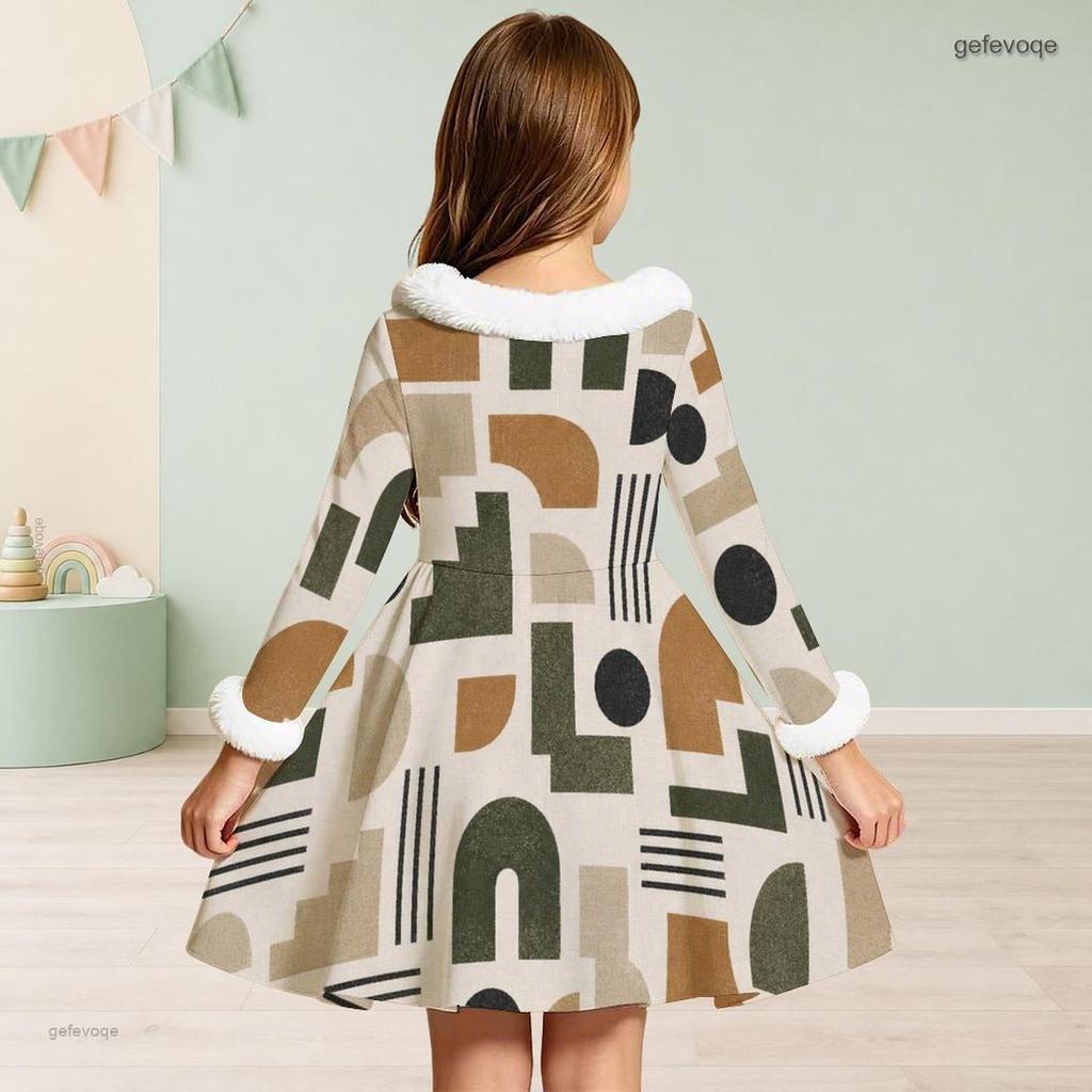 Meisjes Jurk met Hoge Hals, Lange Mouwen, Geprint Patchwork, A-lijn, Uitlopend, met Bontrand
