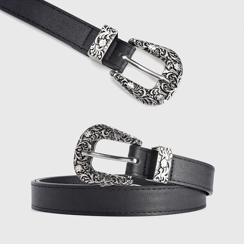 Elegant Pu Leather Belt With Alloy Floral Buckle For Women In Classic Vintage Colors