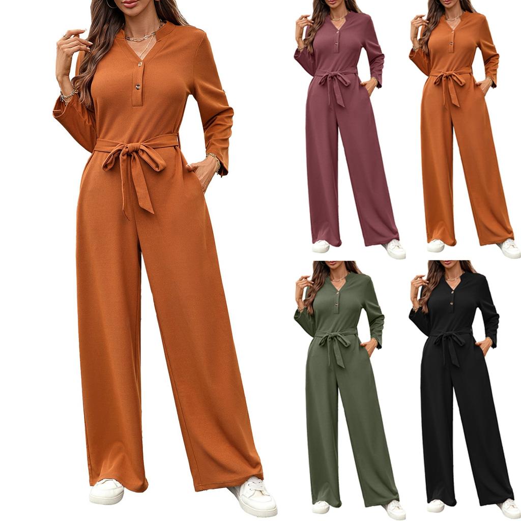 Damen Modischer Einfarbiger High Waist Button Up Langarm Lockerer Jumpsuit