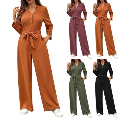 Women's Fashionable Solid Color High Waisted Button Up Long Sleeved Loose Jumpsuit