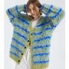 V-neck Striped Cardigan Sweater Green Women Knitted Coat Imitation Mink Velvet Thickened Warm Relaxed Casual Sweet New Fashion Y2k