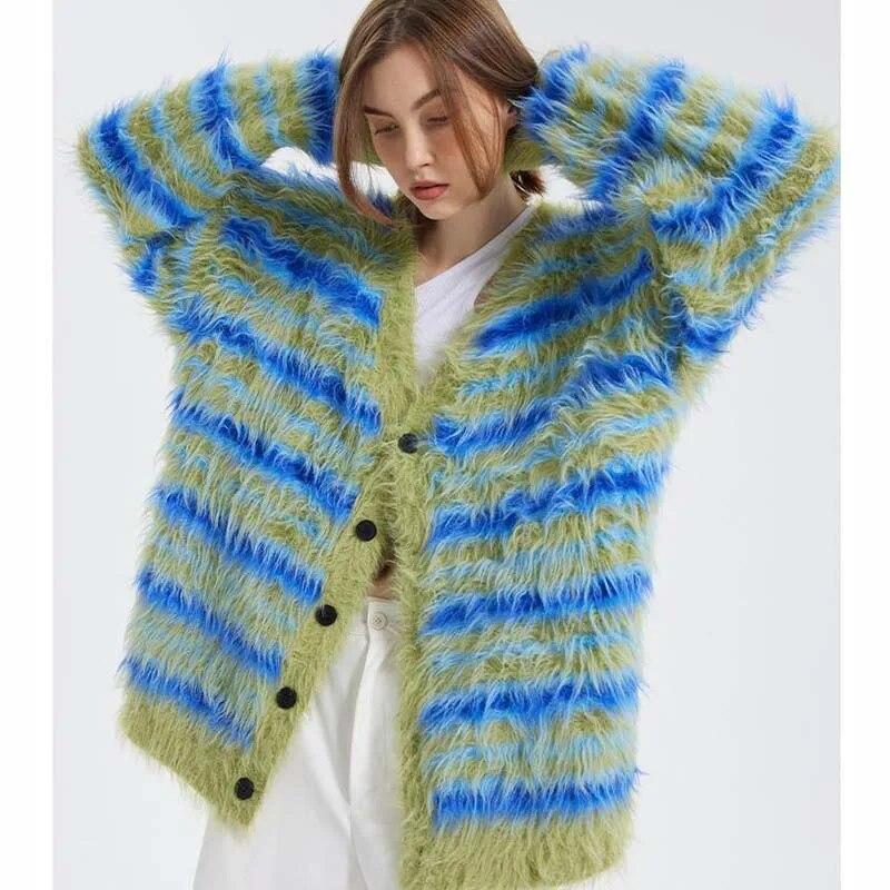V-neck Striped Cardigan Sweater Green Women Knitted Coat Imitation Mink Velvet Thickened Warm Relaxed Casual Sweet New Fashion Y2k