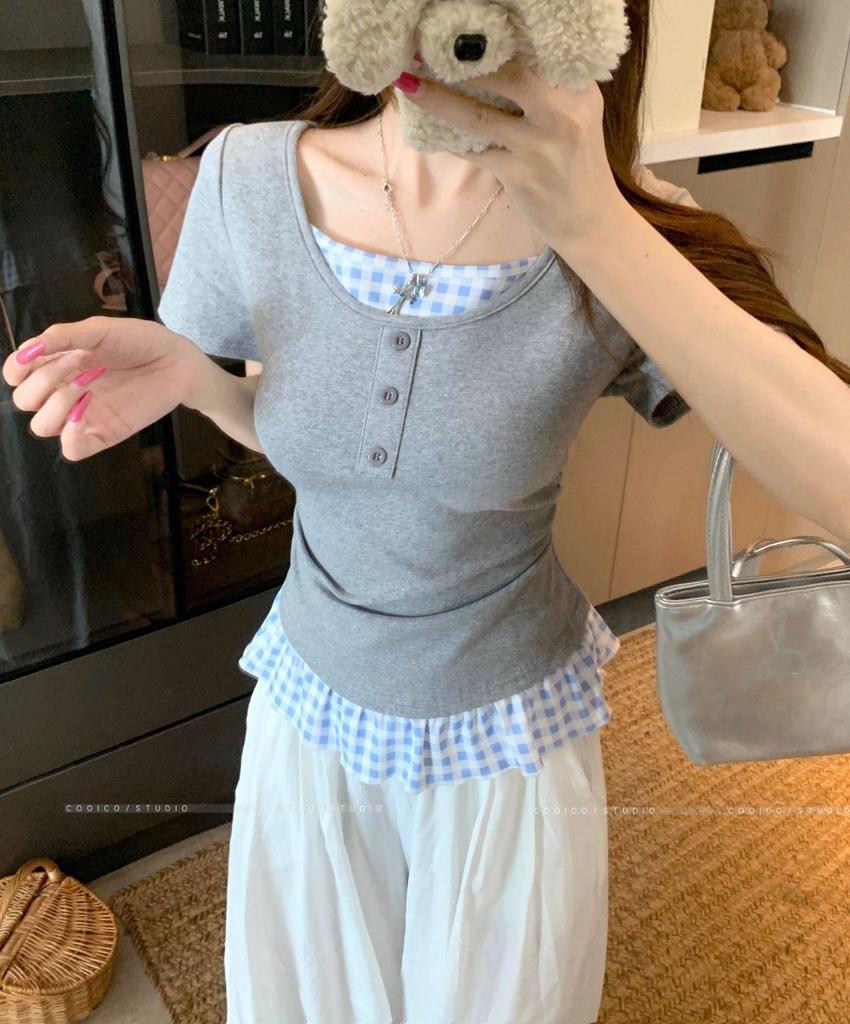 Women's Plus Size Summer Patchwork Faux Two-Piece Short Sleeve T-Shirt - Slimming Loose Fit