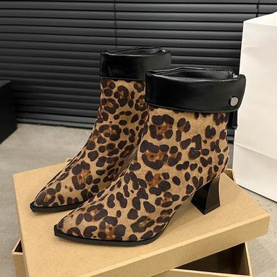 Fashion Korean Fashion Boots Women's High Heel 2025 Winter New Suede Versatile Pointed Toe Block Heel Leopard Print Booties