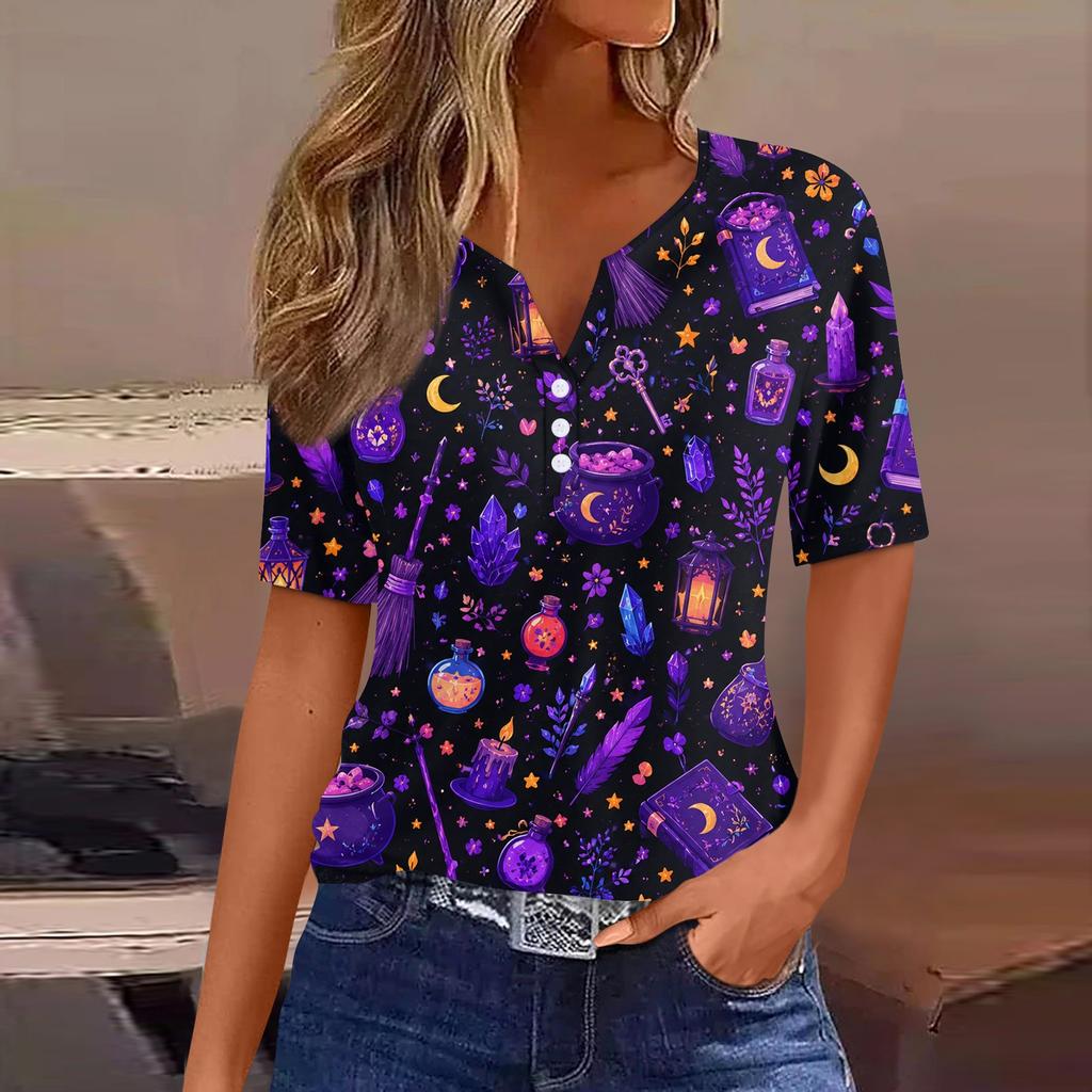 Women Casual Halloween Print V Neck Short Sleeve Button T Shirt Top Lightweight Breathable Soft Fabric Relaxed Fit